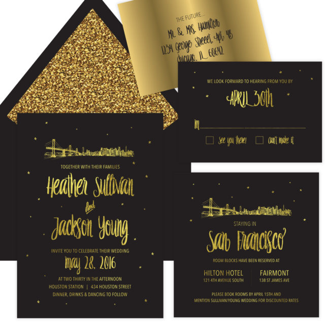 Skyline Wedding Invitations Gold Foil on Black Card Stock