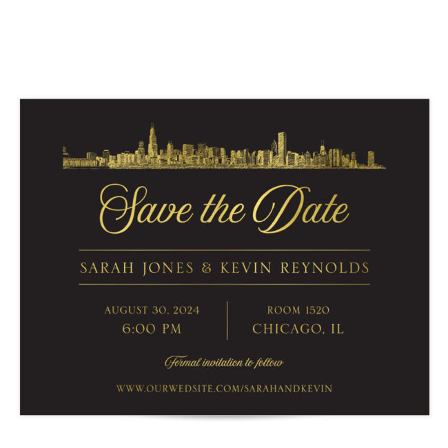 Foil save the date with city skyline printed on black paper