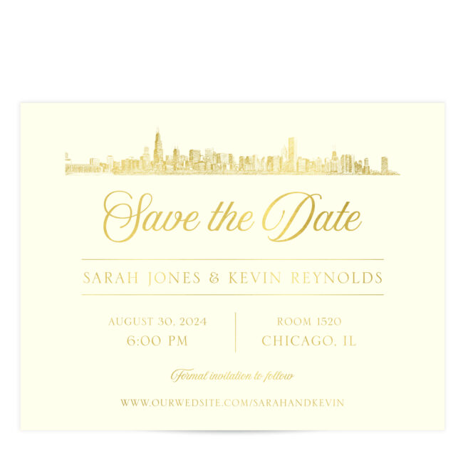 Foil save the date with city skyline printed on ivory paper