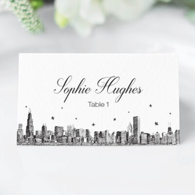 Wedding escort cards featuring city skyline sketch
